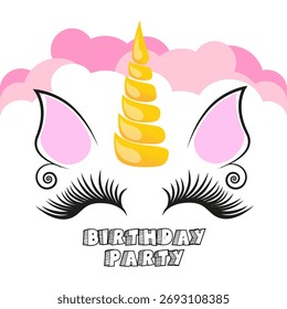 Invitación de fiesta de cumpleaños con Golden Unicorn. Ilustración vectorial plana.