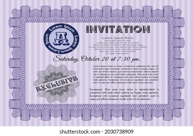 Invitation. Good design. With complex linear background. Detailed.  Violet color.