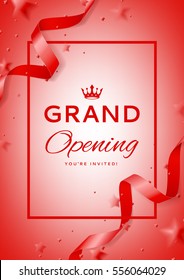 Invitation to grand opening. Top view on red curved satin ribbons and confetti. Vector illustration.