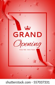 Invitation to grand opening. Top view on red curved satin ribbons and confetti. Vector illustration.