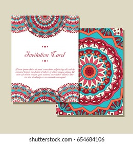 Invitation graphic card with mandala. Decorative ornament for card design: wedding, birthday, party, greeting. Vintage mandala element. Vector illustration.
