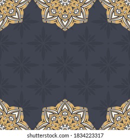 Invitation graphic card with mandalas. Seamless decorative ornament, border. Applicable for covers, posters, flyers. Arabic, islam, indian, turkish, chinese, ottoman motifs. Color vector illustration.
