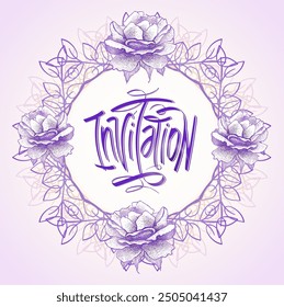 Invitation graphic card template with classical floral wreath frame and roses, hand-drawn vector illustration