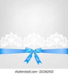 Invitation, greeting, baby shower or wedding card with white lace and blue ribbon on gray background