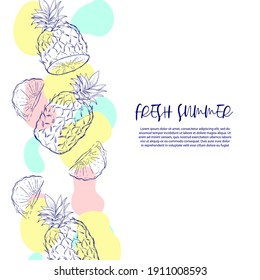 Invitation or greeting card or banner template with exotic pineapple, sketch style vector illustration with colorful elements. Summer poster layout with hand drawn pineapples or ananases.