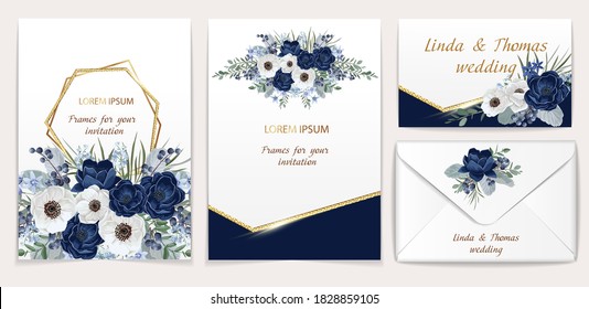 Invitation or greeting card and business card with gold geometrical frames, transparent light effects and wedding flowers. Golden brilliants elements and flowers isolated on background