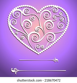 Invitation or greeting card with carved paper hearts and place for text