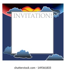 Invitation or greeting card with clouds,sunset and rainbow with blue background 