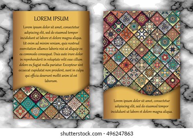 Invitation or greeting card design template. Vintage decorative elements with mandala, delicate floral pattern. Islam, Arabic, Indian, ottoman, aztec motifs