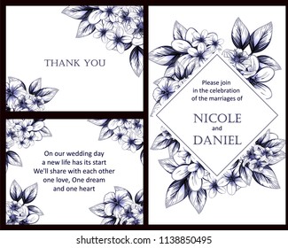 Invitation greeting card with floral background. Wedding invitation, thank you card, save the date cards.
