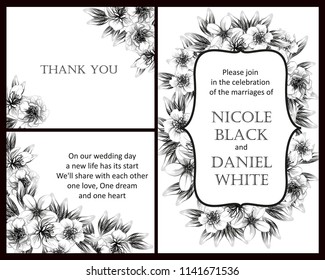 Invitation greeting card with floral background. Wedding invitation, thank you card, save the date cards.
