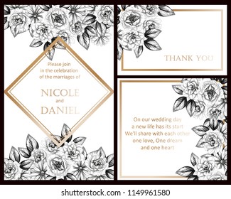 Invitation greeting card with floral background. Wedding invitation, thank you card, save the date cards.
