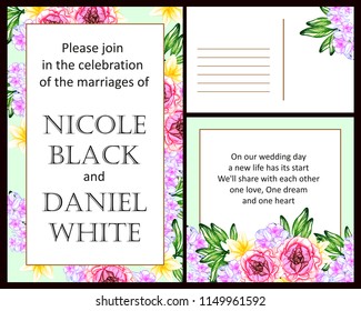 Invitation greeting card with floral background. Wedding invitation, thank you card, save the date cards.
