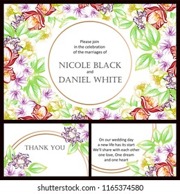 Invitation greeting card with floral background. Wedding invitation, thank you card, save the date cards.