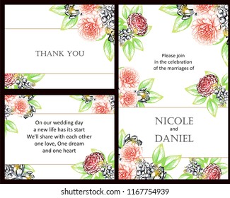 Invitation greeting card with floral background. Wedding invitation, thank you card, save the date cards.