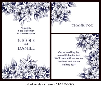 Invitation greeting card with floral background. Wedding invitation, thank you card, save the date cards.