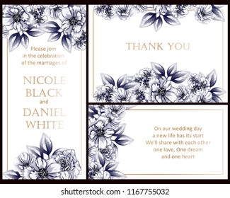 Invitation greeting card with floral background. Wedding invitation, thank you card, save the date cards.