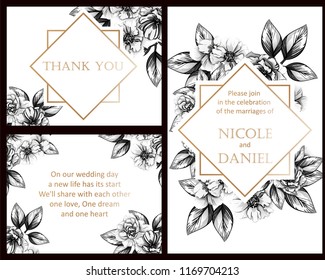 Invitation greeting card with floral background. Wedding invitation, thank you card, save the date cards.