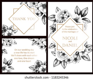 Invitation greeting card with floral background. Wedding invitation, thank you card, save the date cards.