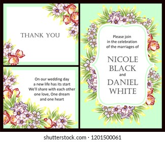 Invitation greeting card with floral background. Wedding invitation, thank you card, save the date cards.