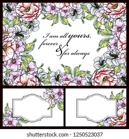 Invitation greeting card with floral background. Wedding invitation, thank you card, save the date cards.