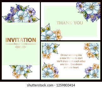 Invitation greeting card with floral background. Wedding invitation, thank you card, save the date cards.