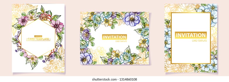 Invitation greeting card with floral background. Wedding invitation, thank you card, save the date cards.