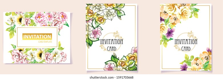 Invitation greeting card with floral background. Wedding invitation, thank you card, save the date cards.