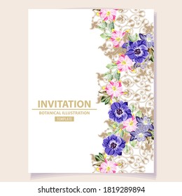 Invitation greeting card with floral background. Wedding invitation, thank you card, save the date cards.