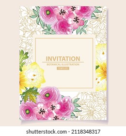 Invitation greeting card with floral background. Wedding invitation, thank you card, save the date cards.