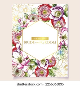 Invitation greeting card with floral background. Wedding invitation, thank you card, save the date cards.