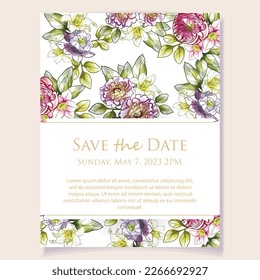 Invitation greeting card with floral background. Wedding invitation, thank you card, save the date cards.
