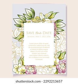 Invitation greeting card with floral background. Wedding invitation, thank you card, save the date cards.