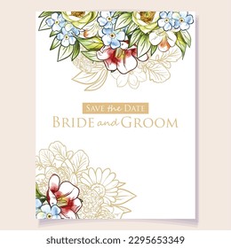 Invitation greeting card with floral background. Wedding invitation, thank you card, save the date cards.