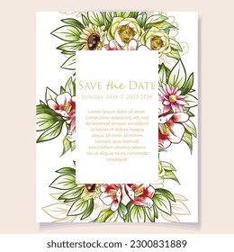 Invitation greeting card with floral background. Wedding invitation, thank you card, save the date cards.