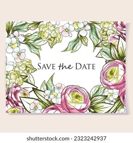 Invitation greeting card with floral background. Wedding invitation, thank you card, save the date cards.