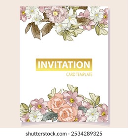 Invitation greeting card with floral background. Wedding invitation, thank you card, save the date cards.