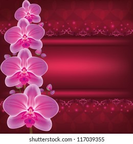 Invitation or greeting card with flower orchid, dark red glowing luxury background. Place for text. Vector illustration