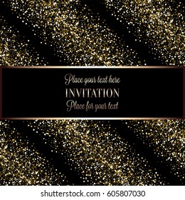 Invitation or greeting card with gold glittering diagonal lines pattern on background. Shiny sparkles, golden dust and sequins in rich gold color on black backdrop with place for text in thin frame