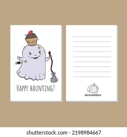 Invitation or greeting card Halloween with a cute ghost phrase Happy haunting printable