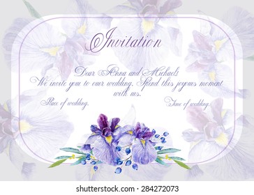 Invitation, Greeting card with irises. Vector blue watercolor flowers. Vintage floral background.