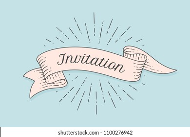 Invitation. Greeting card with ribbon and word Invitation. Old ribbon banner in engraving style. Old school vintage ribbon for banners, posters, gift cards, greeting cards, web. Vector Illustration