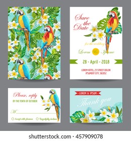 Invitation or Greeting Card Set - Tropical Birds and Flowers Design - in vector