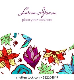 Invitation and greeting card template with bright floral background of hand drawn doodle flowers