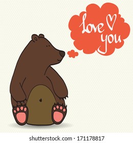Invitation or greeting card template with cute hand drawn bear and speech bubble for the text on polka dot background.