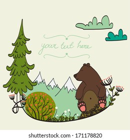 Invitation or greeting card template with cute hand drawn bear sitting in the middle of 	forest meadow with snowy mountains on the background.