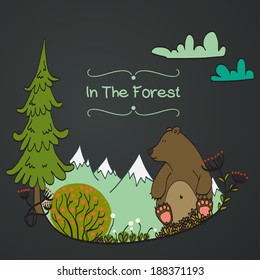 Invitation or greeting card template with cute hand drawn bear sitting in the middle of forest meadow with snowy mountains on the background. Childish doodle illustration on chalkboard background.