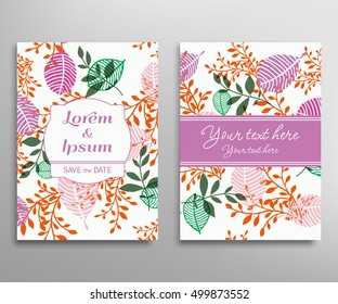 Invitation or Greeting Card template. Decorative graphic leaves. Hand drawn doodle floral patterns set. Wedding, marriage, save the date, baby shower, bridal, birthday, Valentine's day.