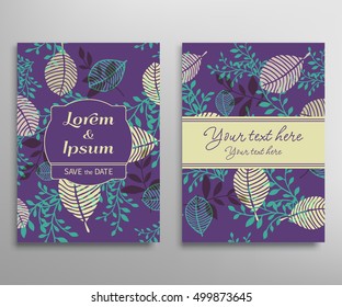 Invitation or Greeting Card template. Decorative graphic leaves. Hand drawn doodle floral patterns set. Wedding, marriage, save the date, baby shower, bridal, birthday, Valentine's day.