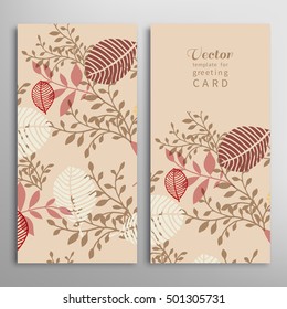 Invitation or Greeting Card template. Decorative graphic leaves. Hand drawn doodle floral patterns set. Wedding, marriage, save the date, baby shower, bridal, birthday, Valentine's day.